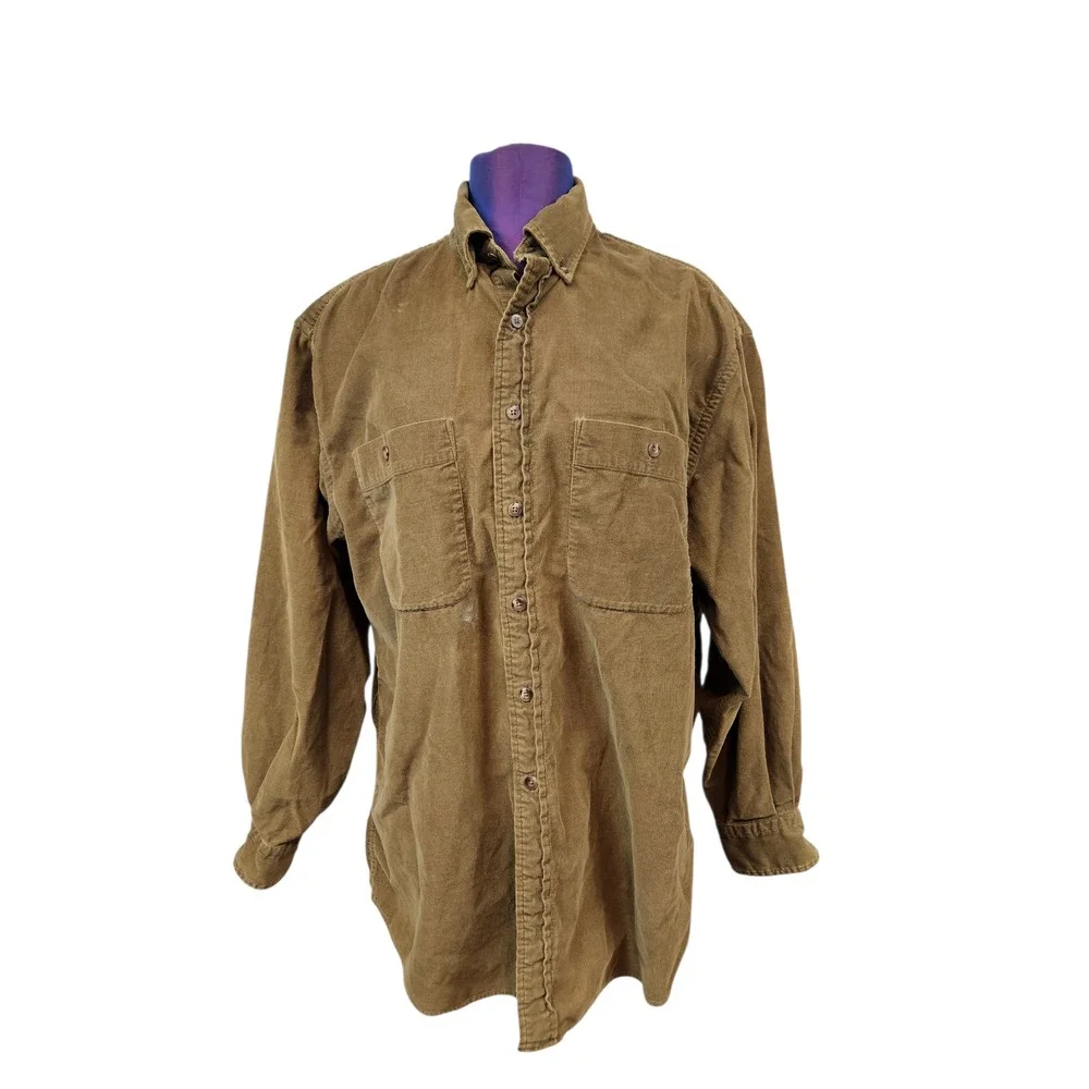 Lands End Mens Corduroy Button Down Shirt Brown Long Sleeve Casual Size Medium